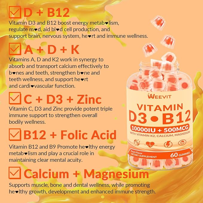 WEEVIT Vitamin D3 B12 Gummies, Vitamin D 10000IU & 500mcg Methyl B12 with Vitamin A, C, K, Calcium, Magnesium, Zinc for Women & Men, Support Eye, Bone, Energy