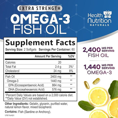 Omega 3 Fish Oil Supplements - 2400mg Fish Oil Per Serving - Triple Strength Omega-3 with EPA & DHA Fatty Acids - Natural Heart, Brain & Immune Support - Wild Caught, Bottled in USA - 120 Softgels
