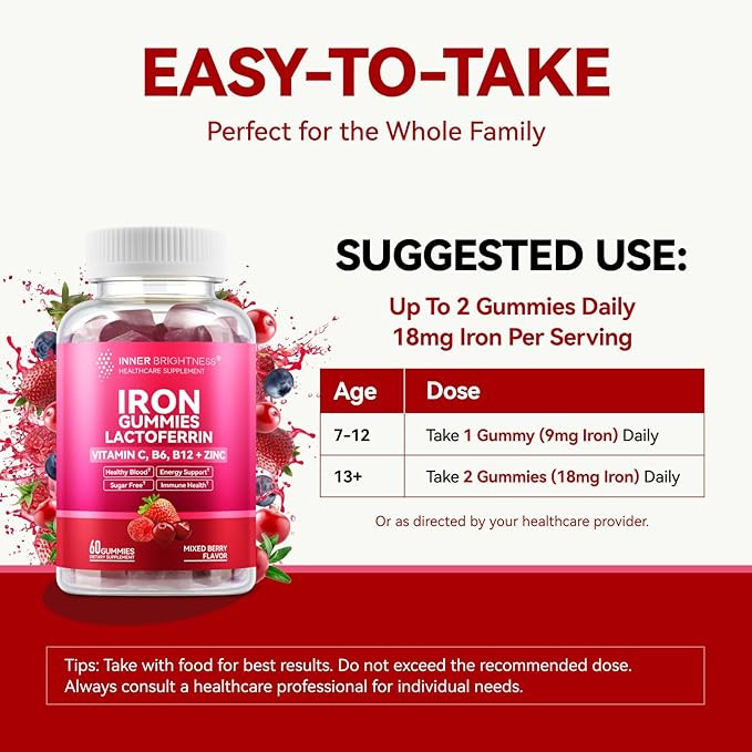Iron Supplement Gummies with Lactoferrin, Vitamin C, B6, B12 & Zinc – Gentle, Vegan, Sugar-Free – Supports Healthy Blood, Immune Health & Energy – for Women, Men & Kids – Mixed Berry Flavor, 60 Count