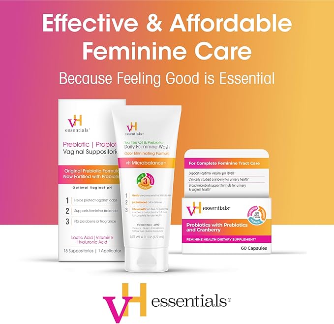 vH essentials Prebiotic pH Balanced Vaginal Suppositories, Naturally Protect Against Odor, 15 Count Box