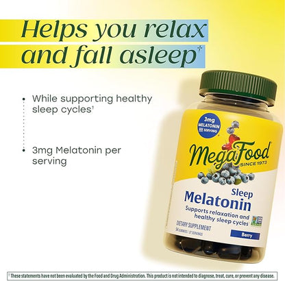 MegaFood Melatonin Gummies - Melatonin 3mg per Serving to Help Relax & Fall Asleep – Sleep Gummies for Adults - Berry Flavor, Non-GMO, Certified Vegan - 54 Count (27 Servings)