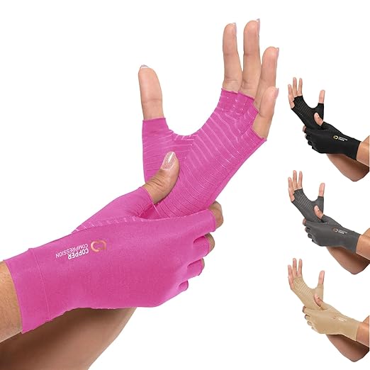 Copper Compression Arthritis Gloves | Fingerless Arthritis Carpal Tunnel Pain Relief for Men & Women | Hand Support Wrist Brace for Neuropathy, Rheumatoid, Tendonitis, Swelling, Crocheting, Typing Pink L