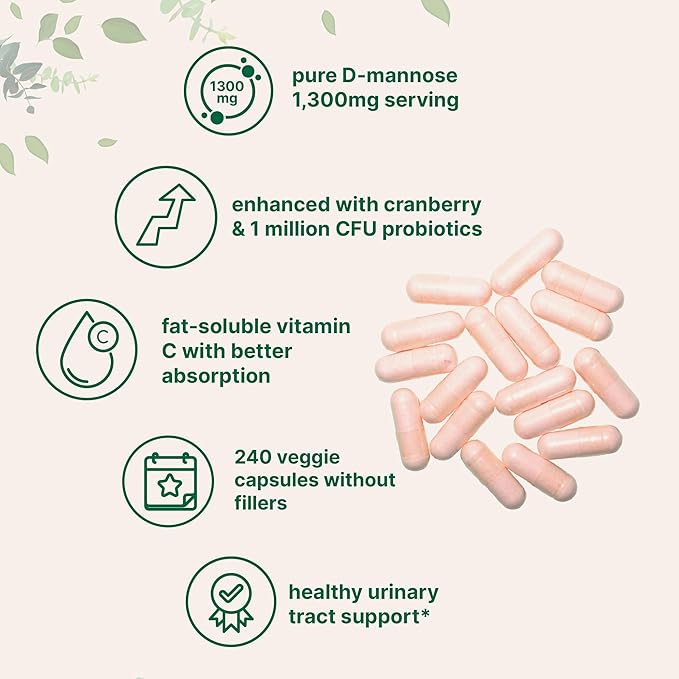 Pure D Mannose 1,300mg with Cranberry & Probiotics, 240 Veggie Capsules | Urinary Tract Health for Women | Plus 1 Million CFU Probiotics Blend & High Absorption Vitamin C | Filler Free, Non-GMO