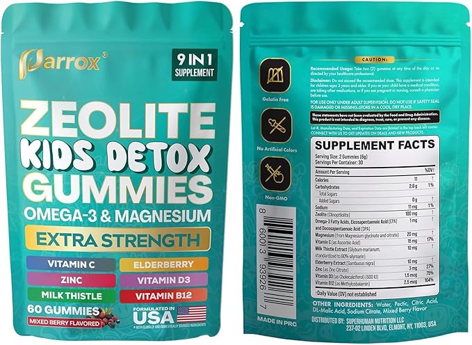 Zeolite Kids Detox Gummies, 9-in-1 Extra Strength with Zeolite, Omega-3, Magnesium, Elderberry, Vitamin C, Milk Thistle, Vitamin D3, Zinc, B12 – Sugar-Free (Mixed Berry Flavor - 2 Pack)