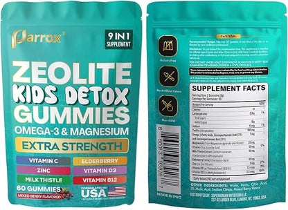 Zeolite Kids Detox Gummies, 9-in-1 Extra Strength with Zeolite, Omega-3, Magnesium, Elderberry, Vitamin C, Milk Thistle, Vitamin D3, Zinc, B12 – Sugar-Free (Mixed Berry Flavor - 2 Pack)