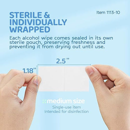 Dynarex DynaSafety Sterile Alcohol Prep Pads - Medium - 70% Isopropyl Alcohol, Individually Wrapped, Soft Cleaning Wipes - Case of 100 Boxes, 10 per Box