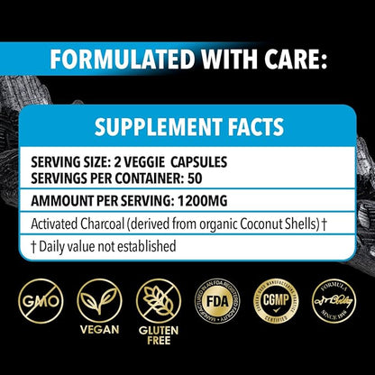Dr. Robaina Activated Charcoal Capsules 1200 mg – Coconut-Shell Carbon for Gas & Bloating Relief, Digestive Comfort & Next-Morning Support – Vegan • Non-GMO – 100 Count, USA Made