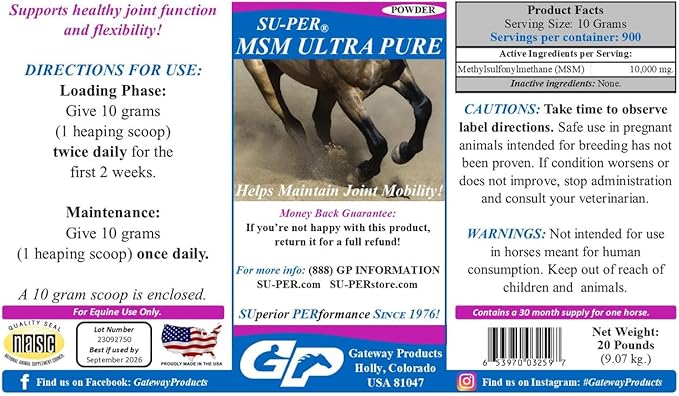 SU-PER MSM Ultra Pure Horse Joint Supplement - Helps Maintain Joint Mobility and Flexibility - 20 Pound, 30 Month Supply