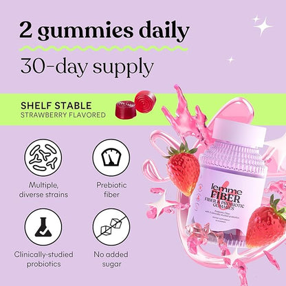 Lemme Fiber & Probiotic Gummies for Adults, Promotes Regularity & Digestive Health, No Sugar Added Strawberry Flavor, 4g Prebiotic Fiber & Clinically Studied Probiotic Strains, (60 Count)