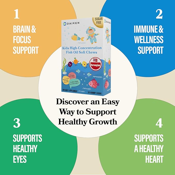 DAIKEN High Concentration Kids Fish Oil Omega-3 Gummies, No Sugar Added, Individually Wrapped, 300 mg DHA & EPA with Vitamin D3 for Kid, 30 Count, Tropical Fruit Flavor, Norwegian Sourced (Pack of 2)