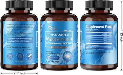ASSR Triple Magnesium Complex – 300mg Magnesium Supplement with Glycinate, Malate & Citrate – Supports Relaxation, Muscle & Nerve Function – High Absorption, Vegan, Non-GMO, 120 Capsules