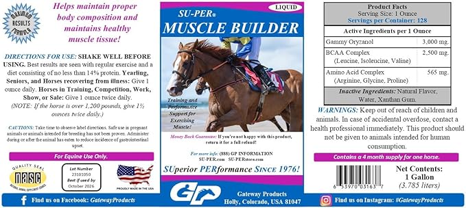 SU-PER Muscle Builder Horse Supplement - Training and Performance Support for Exercising Muscle - 1 Gallon, 4 Month Supply