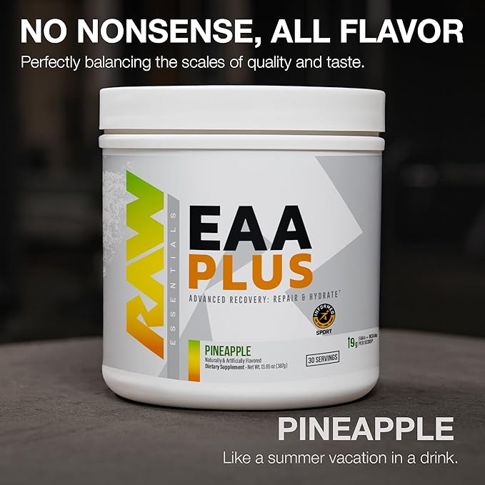 RAW EAA Plus, Amino Acids Powder, Pineapple (30 Servings) - Pre Workout Amino Energy Powder for Advanced Endurance, Recovery & Lean Muscle Growth - BCAA Amino Acids Supplement for Men & Women