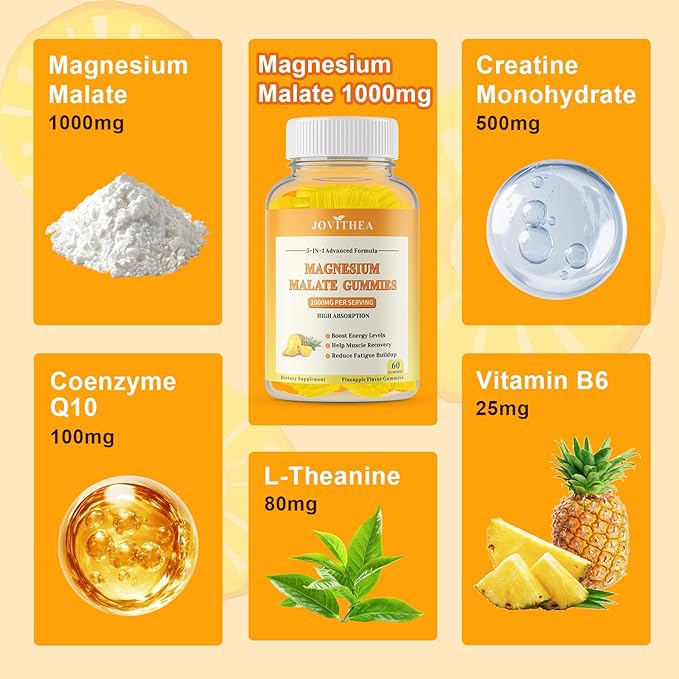 Magnesium Malate Gummies 1000mg, High Absorption Magnesium Supplements for Adults & Kids, with L-Theanine, CoQ10 & Vitamin B6, Support Energy Production, Muscle Function, Non-GMO, Vegan, 60 Ct