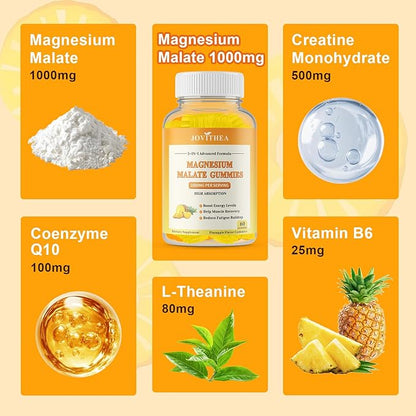2 Pack Magnesium Malate Gummies 1000mg, High Absorption Magnesium Supplements for Adults & Kids, with L-Theanine, CoQ10 & Vitamin B6, Support Energy Production, Muscle Function, Non-GMO, Vegan, 120Ct