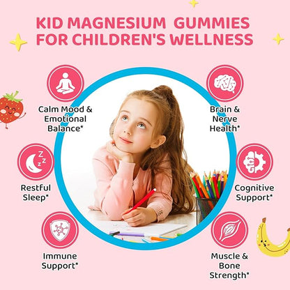 Kids Magnesium Gummies - Magnesium Glycinate Supplement Gummies with L-Theanine, Chamomile & Multivitamins for Sleep, Calm & Focus - Strawberry Banana Center-Filled Gummies 60 ct