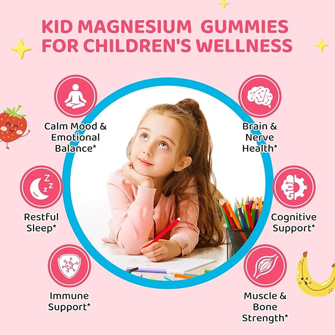 Magnesium Glycinate Gummies for Kids - Kids Magnesium Gummies, with L-Theanine, Chamomile & Multivitamins for Sleep, Calm & Focus - Strawberry Banana Center-Filled Gummies 60 ct (2 Pack)