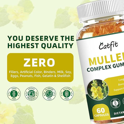 Catfit Mullein Gummies for Lungs – Mullein Leaf Extract with Quercetin, Elderberry for Respiratory & Immune Support,Lung Health & Breathing, Vegan, Pineapple Flavor, 60 Gummies