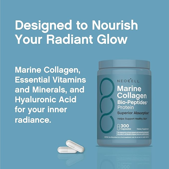 NeoCell Marine Collagen Peptides Capsules | 300 Pills | with Hyaluronic Acid | Plus Vitamin C | Superior Absorption Bio-Peptides for Women and Men | Premium Formula Supplement