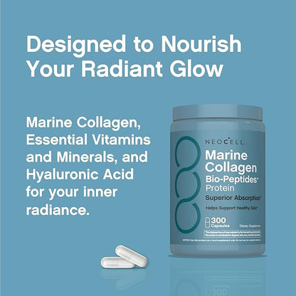 NeoCell Marine Collagen Peptides Capsules | 300 Pills | with Hyaluronic Acid | Plus Vitamin C | Superior Absorption Bio-Peptides for Women and Men | Premium Formula Supplement