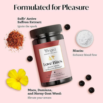Winged Wellness Love Bites, Libido Booster for Women with Maca Root - Libido & Pleasure Booster with Horny Goat Weed & Damiana - Natural Aphrodisiac Gummy Supplement - Wild Blueberry, 60 Vegan Gummies