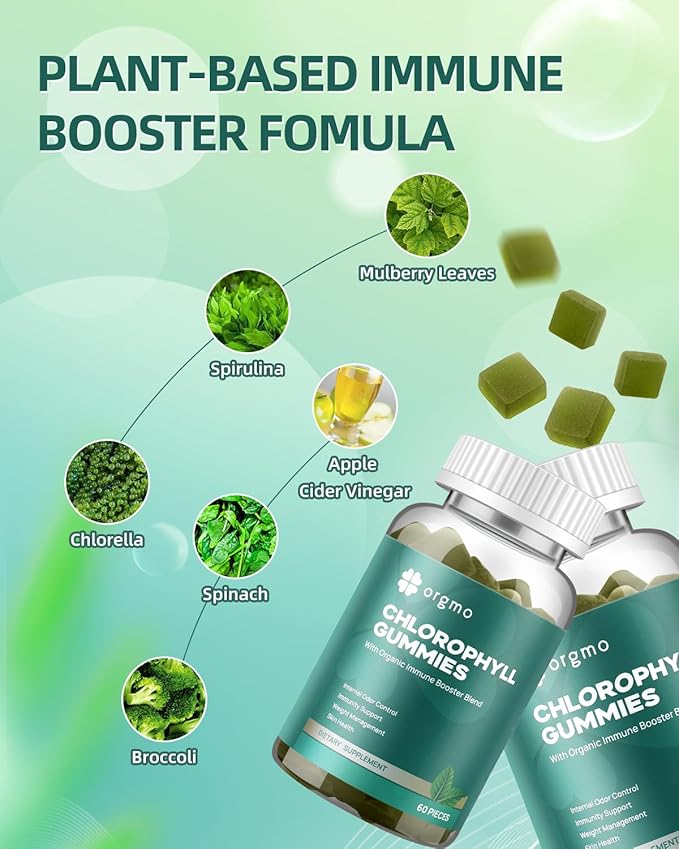Chlorophyll Gummies for Body Odor Sugar Free, Internal Deodorant Supplement for Women/Men with ACV Chlorella Spirulina Vitamin D, Vegan Immune & Digestion Support Gummies