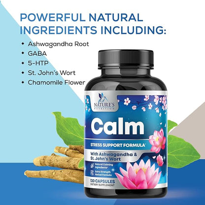 Stress Support Supplement - Extra Strength Ashwagandha, GABA, Magnesium, L-Theanine for Relief - Supports Mood & Focus - Naturally Calm, Unwind & Relax - Eases Tension & Nervousness - 120 Capsules
