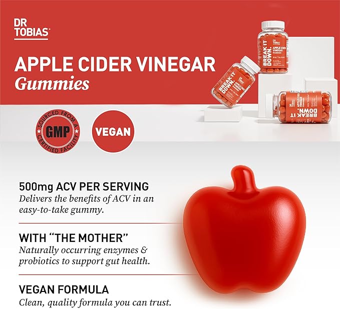 Dr. Tobias Apple Cider Vinegar Gummies with The Mother - 500mg ACV Per Serving, Plus Folate, B6, B12 & Iodine | Supports Digestive Health Gut Cleanse & Detox - Vegan (60 Gummies)