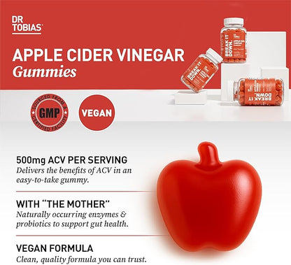 Dr. Tobias Apple Cider Vinegar Gummies with The Mother - 500mg ACV Per Serving, Plus Folate, B6, B12 & Iodine | Supports Digestive Health Gut Cleanse & Detox - Vegan (60 Gummies)