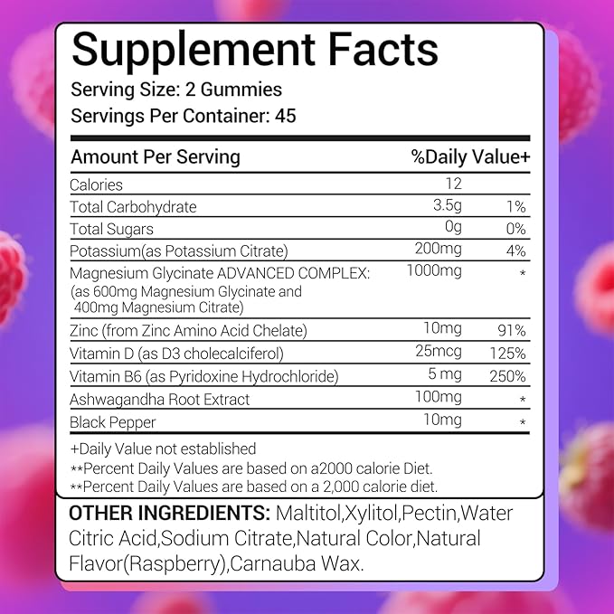Potassium Magnesium Gummies 1200 mg for Adults Sugar-Free High Absorption Magnesium Glycinate Supplement,Supports Leg Cramps,Muscle,Heart Health,Non-GMO Magnesium Gummy Raspberry Flavor 90 Count