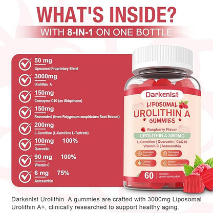 2 Pack Liposomal 3000mg Urolithin A Gummies Complex CoQ10, Resveratrol, L-Carnitine, Quercetin, Astaxanthin | 7-in-1 Mitochondrial Support Supplement for Cellular Support, Vitality & Wellness Aging