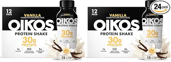 Oikos Protein Shake, Vanilla, 30g High Protein Drinks, Shelf Stable, Ready to Drink, 5g Prebiotic Fiber, 12 fl oz Bottle (Pack of 24)