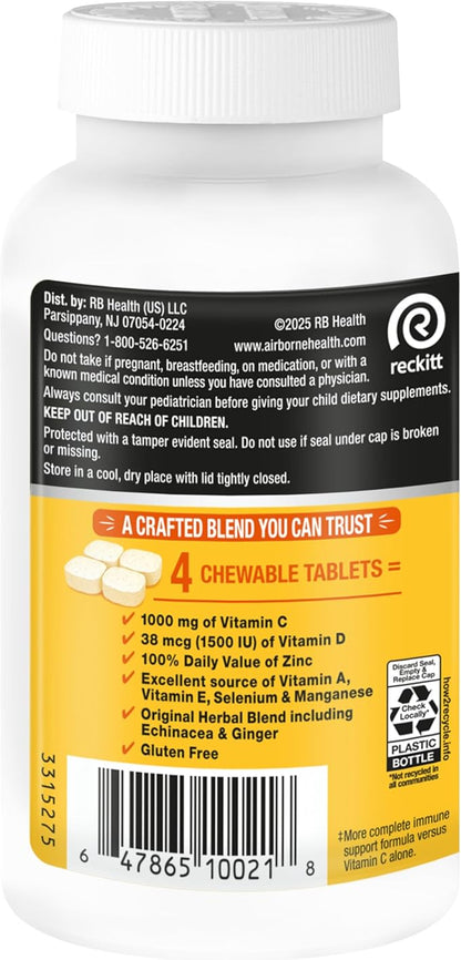 Airborne 1000mg Vitamin C with D and Zinc, Multivitamin Immune Support Supplement with Antioxidants A, C, and E, 200 Chewable Tablets, Citrus Flavor,(Pack of 2)