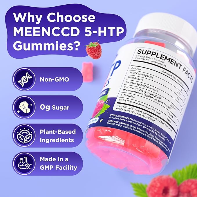 2 Pack 5-HTP Gummies 300mg, 5-HTP Supplement with 200mg L-Theanine & 50mg GABA, GABA Supplements for Adults, Sugar Free, Raspberry Flavor, 120 Count