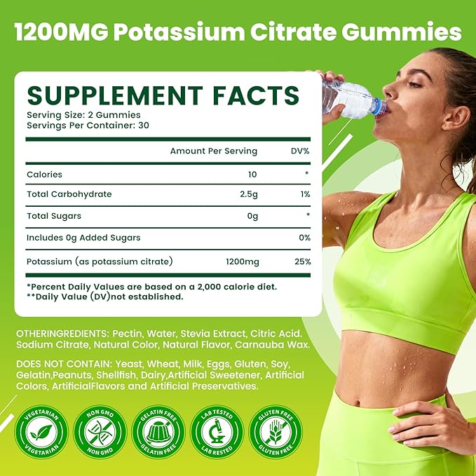Potassium Citrate Gummies 1200mg, Chewable Potassium Supplement for Adults & Kids - Supports Muscle Health, Leg Cramps & Electrolyte Balance, Sugar-Free, Vegan, Pineapple Flavor, 60 Count
