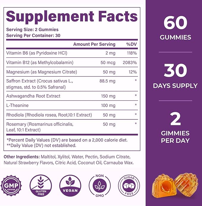 Saffron Supplements Gummies, 88.5mg Pure Saffron Extract with Ashwagandha L-Theanine Rhodiola Rosemary Magnesium Vitamin B6 B12 for Mood Focus Support Adults Kids - 60 Count