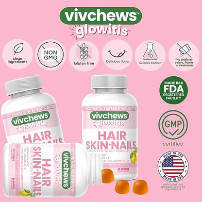 Glowitis Hair, Skin & Nails Gummies for Thick Hair, Strong Nails & Healthy Skin with Hydrolyzed Multi-Collagen Peptides, Biotin, Zinc, Vitamins C & E, Gluten-Free, Zesty Citrus Flavor, 60 Ct