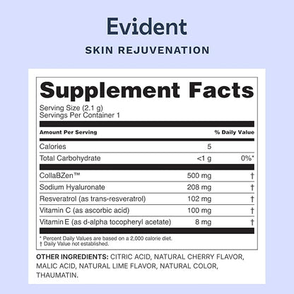 Skin Rejuvenation Powder – Collagen Supplement w/Resveratrol, Sodium Hyaluronate, CollaBZEn, Vitamins C & E – Supports Elasticity, Hydration, Firmness – 30 Stick Packs, Cherry Lime
