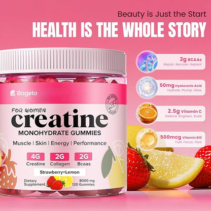 Creatine Gummies for Women, 8000 MG Complex with Collagen + BCAAs + Vitamin C & B12, Creatine Monohydrate Gummies for Women, for Booty, Energy & Strength, Sugar Free 120 Count Strawberry-Lemon Flavor