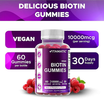 Vitamatic Biotin Gummies 10,000 mcg for Stronger Hair, Skin & Nails - 60 Vegan Gummies - Also Called Vitamin B7 (2 Bottles)