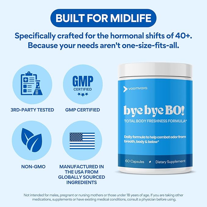 VoomVaya Bye Bye BO – Body Deodorizing Supplement for Women Over 40 – Chlorophyll Pills with Sage & Peppermint – Internal Deodorant for Body Freshness – 60 Capsules