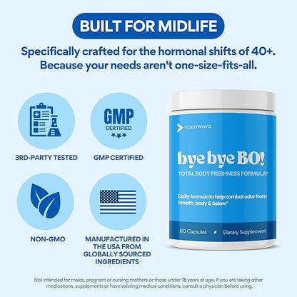 VoomVaya Bye Bye BO – Body Deodorizing Supplement for Women Over 40 – Chlorophyll Pills with Sage & Peppermint – Internal Deodorant for Body Freshness – 60 Capsules