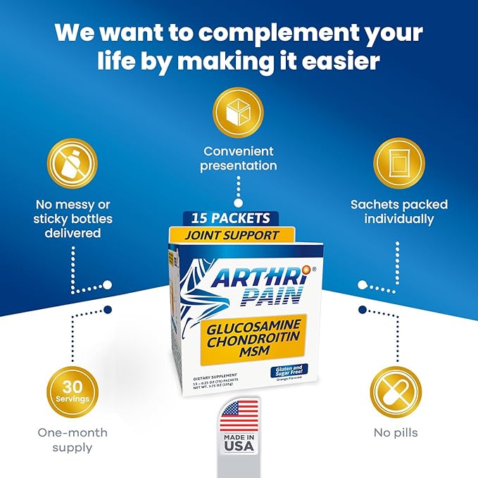 Arthripain – Joint Support Cartilage Repair Supplement – Clinically Tested Joint Juice - Ligament Relief Support – Glucosamine Chondroitin MSM – Swollen Knee Treatment –Sugar-Free – Made in US - 15ct