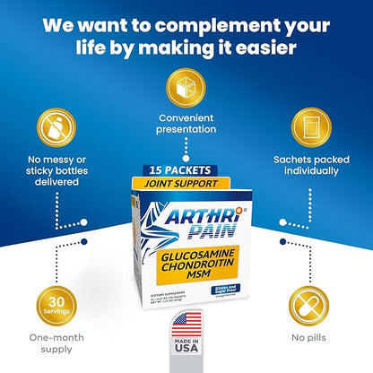 Arthripain – Joint Support Cartilage Repair Supplement – Clinically Tested Joint Juice - Ligament Relief Support – Glucosamine Chondroitin MSM – Swollen Knee Treatment –Sugar-Free – Made in US - 15ct