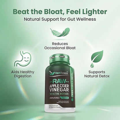 Herbtonics Raw Apple Cider Vinegar Capsules 1500mg with Mother | Weight Management, Detox & Digestion Formula with GLP-1 Support | Unfiltered ACV for Metabolic Support | 240 Vegan Capsules