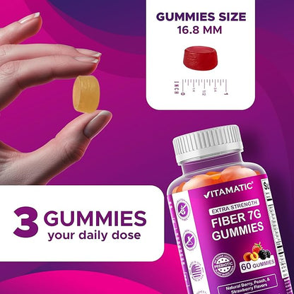 Vitamatic Prebiotic Fiber Gummies for Adults – 2 Pack (Total 120 Gummies) 7g Fiber per Serving | Extra Strength | Zero Sugar Added | Pectin-Based | Digestive Health & Regularity Support
