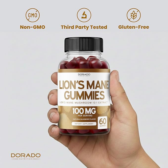 Lions Mane Mushroom Gummies (60 Count) Focus Gummies & Brain Mushroom Supplement for Adults - Delicious Blueberry Flavor - Premium Lions Mane Supplement - Third Party Tested, Vegan Safe & USA Made