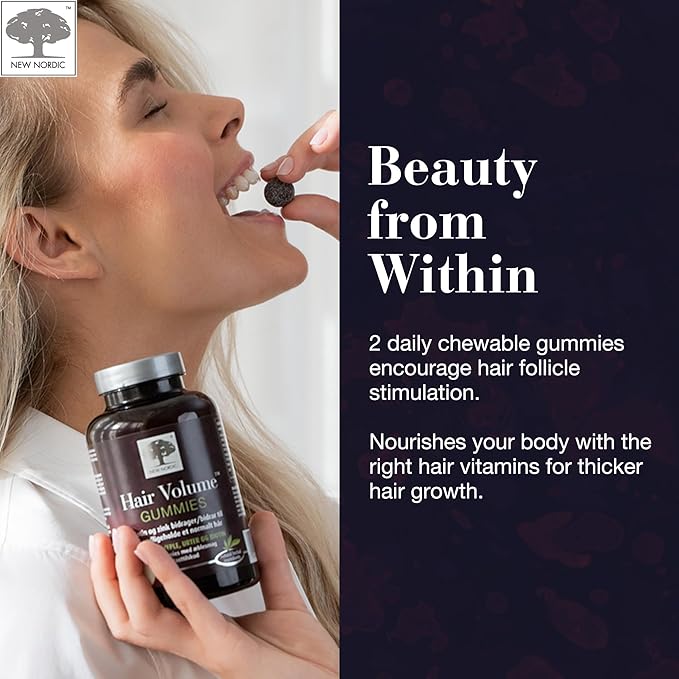 NEW NORDIC Hair Volume Gummies, 2500 mcg Biotin, Daily Hair Vitamins Supplement to Support Hair Skin & Nails, Vegan, 60 Count (Pack of 3)