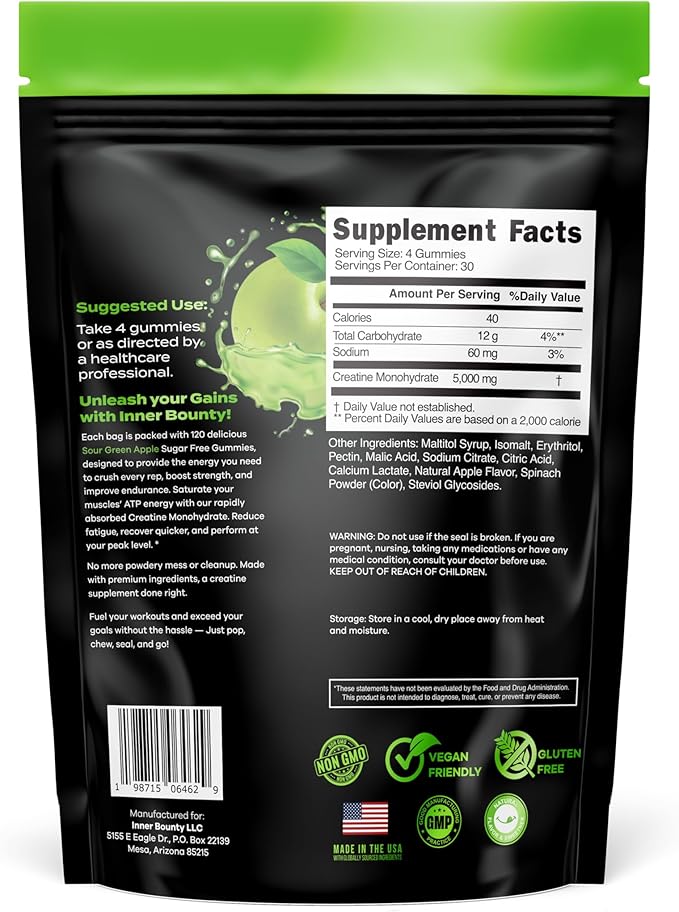 Sugar Free Creatine Monohydrate Gummies 5g, Natural Sour Green Apple - 120 Vegan Chews for Men and Women. Cognition and Muscle Support, Cellular Energy - Non-GMO & Gluten-Free