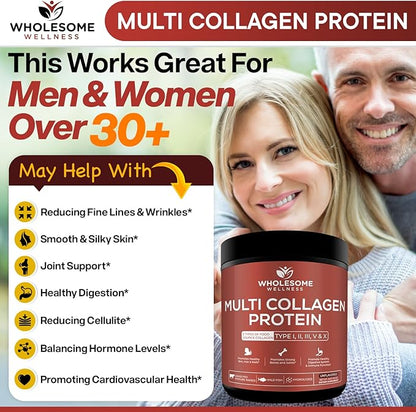 Wholesome Wellness Premium Multi Collagen Peptides Protein Powder for Women and Men, 5 Types of Hydrolyzed Collagen, Grass-Fed, Non-GMO & Unflavored, Pure Protein for Youthful Skin & Joint Recovery